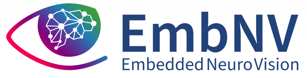 Logo Embedded NeuroVison: Stilisiertes Auge mit Neuronalem Netz in der Iris, gefolgt von Projektabkürzung EmbNV